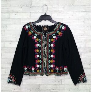 Women's Z&L Open Front Black Embroidered Jacket Top Size Medium M Boho Fringe